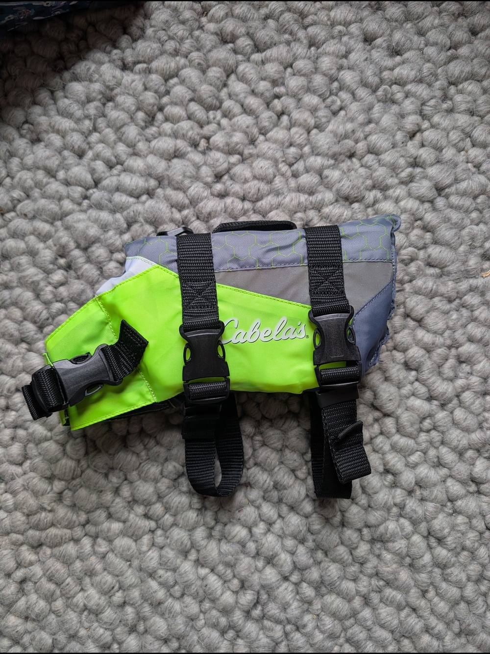 Cabela's Lime Green and Gray Dog Life Vest with Black Straps